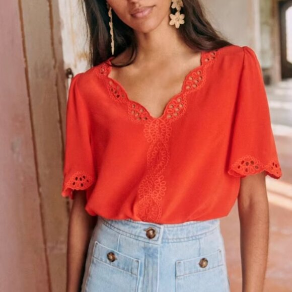 BEST Sezane Francia Silk Blouse Top - Coral Orange Red French FR36/US4 - Picture 2 of 7